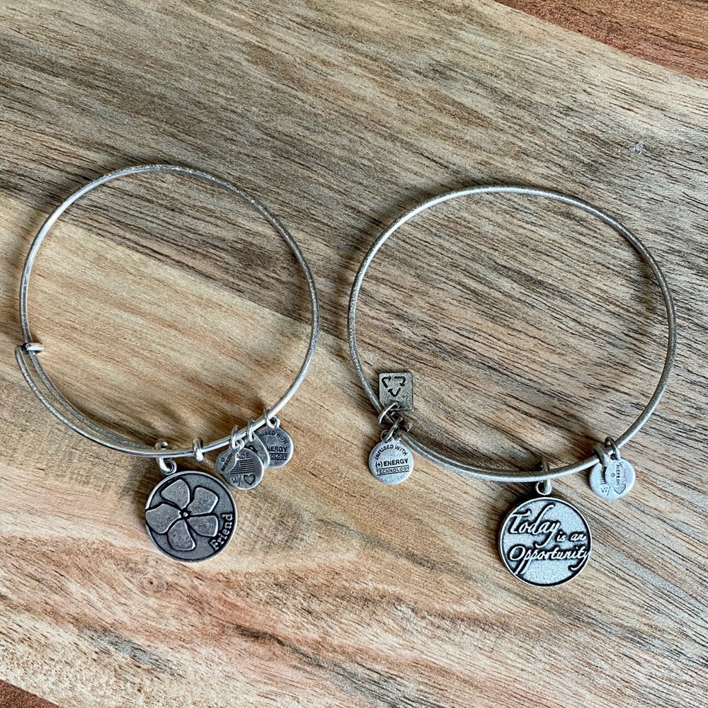 Lot of 2 Alex & Ani silver bangle bracelets Friend & Today is an Opportunity EUC